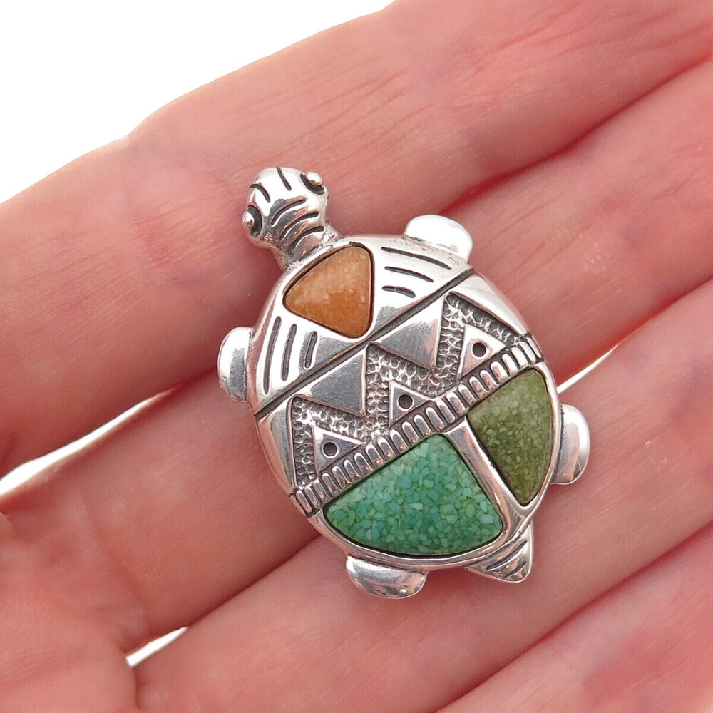 Carolyn Pollack Old Pawn Sterling Vintage Turquoise & Coral Turtle Pin Pendant